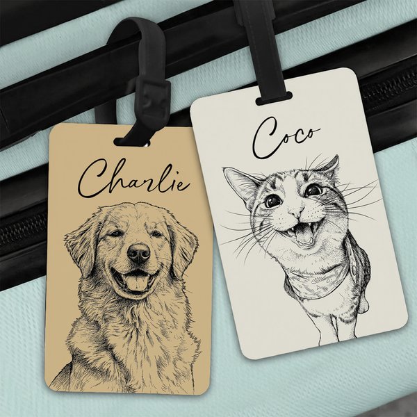 Personalised Line Art Effect Pet Photo Luggage Tag with Name Travel Accessories Birthday Gift for Pet Owners Travel Lovers