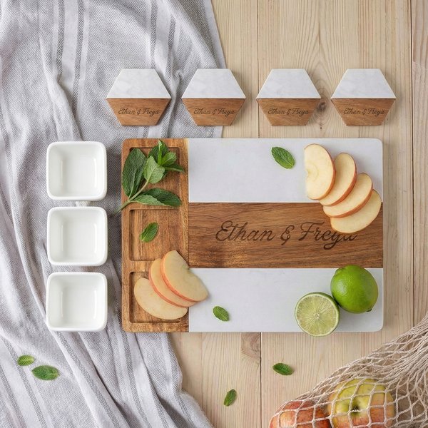 Personalised Engraved Name Marble 11 Pcs Cutting Board Coaster Set with Ceramic Bowl Birthday Anniversary Gift for Family Friend