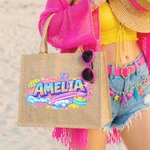 Personalisierte Meer Welle Surfbrett bunten Namen Design große Jute Tote Tasche täglichen Gebrauch Reise Strand Urlaub Geschenk für Frauen Mädchen