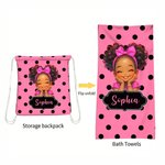 Personlig Polka Dots Cute Cartoon Little Girl 2 i 1 sammenleggbart hurtigtørkende badehåndkle og veske med navn reise bursdagsgave til svarte jenter