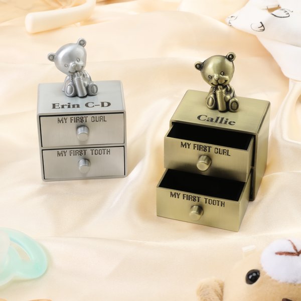 Personalized My First Tooth Curl Bear Storage Box with Name and Two Drawers Baby Shower Birthday Gift for Baby New Parent