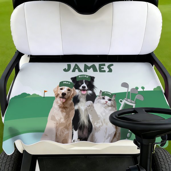 Golf personalizado Elementos clásicos Acuarela Estilo Mascota Foto Funda de asiento de carrito de golf con nombre Equipo Cumpleaños Regalo para jugador de golf Propietario de mascota