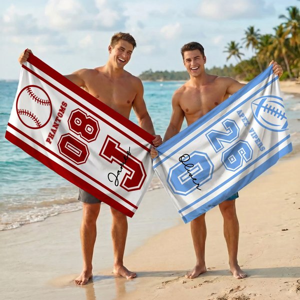 Personalized Multicolour Sports Ball Oversized Quick Dry Beach Towel with Name and Number Beach Party Birthday Gift for Sports Lovers Sports Fans