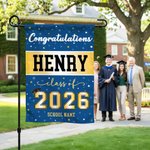 Drapeau de jardin personnalisé avec nom et nom de l'école Décoration de porche de cour Cérémonie de remise des diplômes Cadeau pour les diplômés