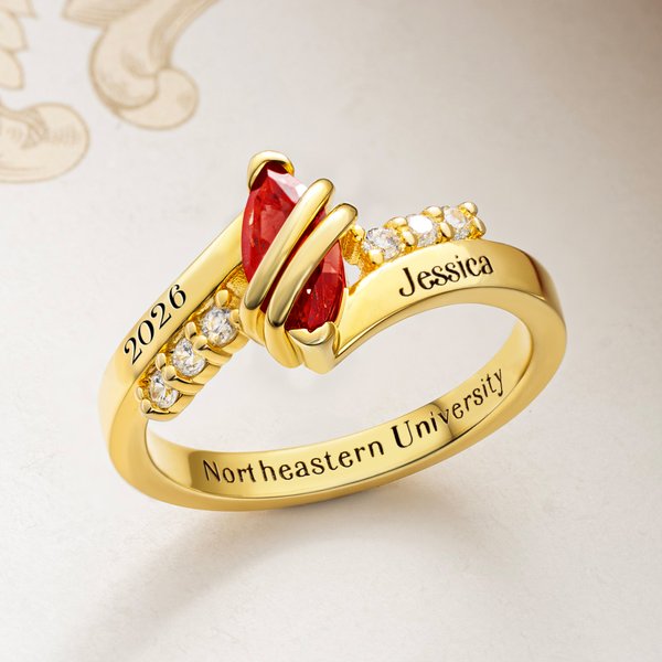 Personalized Graduation Birthstone Ring with Engraved Text and Zircons Graduation Gift for College High School Graduates