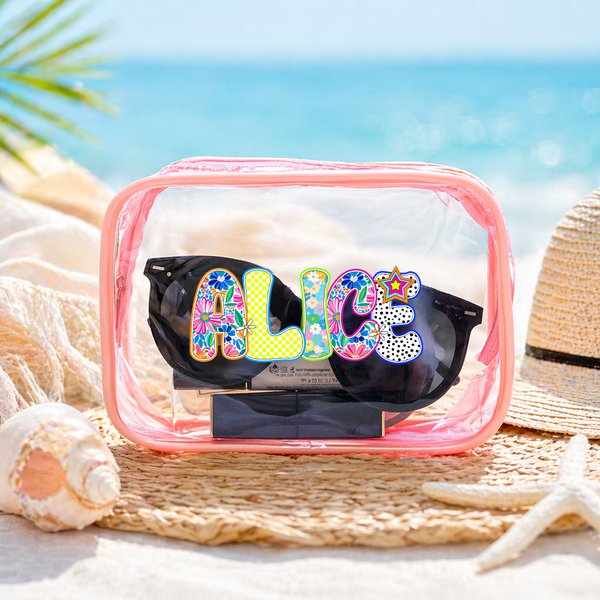 Bolsa de Maquillaje Personalizada Efecto Floral Artístico Diseño Transparente con Nombre Esencial de Viaje Fiesta en la Playa Regalo de Cumpleaños para Mujer Niña