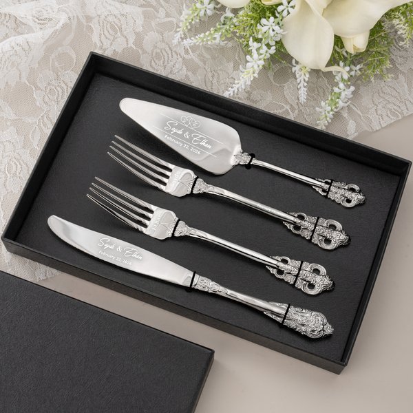 Personalized Vintage Cake Forks Knife Server Cutting Set with Names Date and Box Wedding Engagement Anniversary Gift for Couple Newlyweds