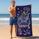 Personalized Bold Neon Gaming Graphic Quick Dry Oversized Beach Towel with Name Summer Vacation Beach Party Birthday Gift Gamers Kids