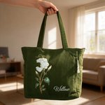 Personalized Birth Flower Large Capacity Corduroy Tote Bag with Name Daily Use Commuting Travel Birthday Gift for Women Office Workers