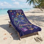 Personalized Bold Neon Gaming Graphic Quick Dry Oversized Beach Towel with Name Summer Vacation Beach Party Birthday Gift Gamers Kids