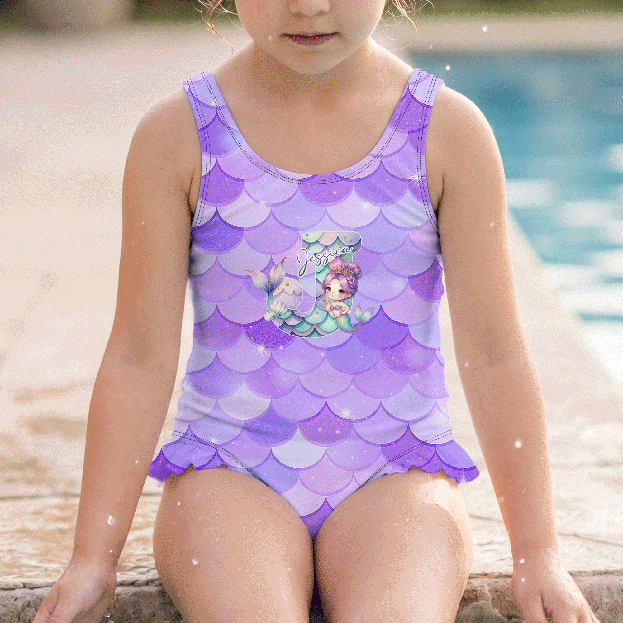 Personalized Cartoon Mermaid Scales One-Piece Swimsuit with Initial and Name Swim Sandbeach Essentials Summer Vocation Birthday Gift for Girls