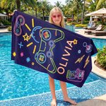 Personalized Bold Neon Gaming Graphic Quick Dry Oversized Beach Towel with Name Summer Vacation Beach Party Birthday Gift Gamers Kids