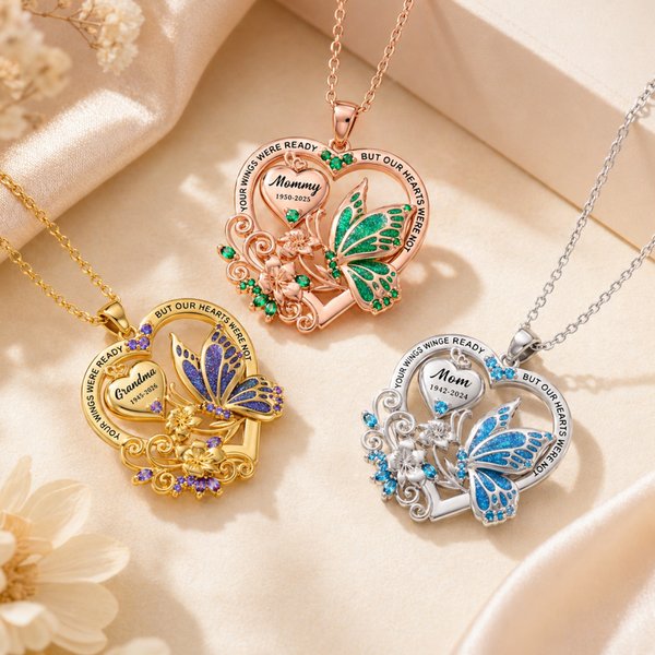 Personalised Butterfly Birthstone Necklace with Engraved Name Dainty Jewellery Remembrance Memorial Sympathy Mother's Day Gift for Women