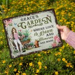 Personalized Retro Cartoon Character Garden Metal Sign with Name and Text Garden Decor Mother's Day Birthday Gift for Grandma Mom Gardening Lovers