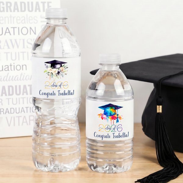 Personalised Floral Watercolour Graduation Cap Water Bottle Label Sticker with Name and Year Party Decor Graduation Ceremony Gift for Graduates