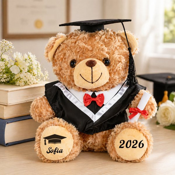 Cappello di laurea personalizzato Abito da scapolo Orsacchiotto di peluche con anno e nome Regalo per la cerimonia di laurea per i laureati