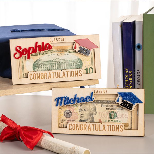 Personalized Congratulations Class of Graduation Wooden Money Holder with 3D Name and Year Graduation Party Gift for Graduates
