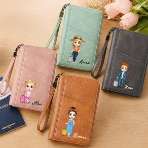 Personalised Cartoon Character Portable PU Leather Passport Holder Wallet with Name and Wristband Travel Essential Birthday Gift for Family Friends