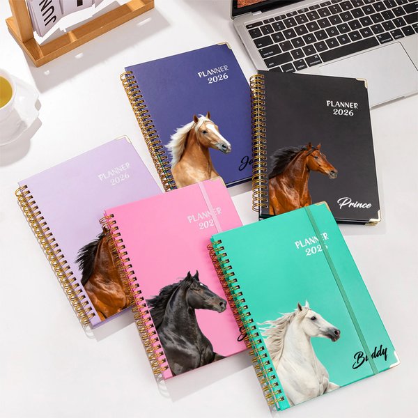 Planificateur photo cheval personnalisé 2026 Cahier spirale A5 avec nom et pages de planification hebdomadaire et mensuelle Cadeau d'anniversaire pour les amoureux des chevaux