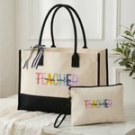 Personalized Muticolor Embroidered Teacher Large Tote Bag Portable Makeup Bag with Name Teacher's Day Birthday Gift for Teachers
