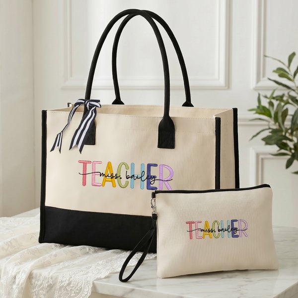 Personalised Muticolour Embroidered Teacher Large Tote Bag Portable Makeup Bag with Name Teacher's Day Birthday Gift for Teachers
