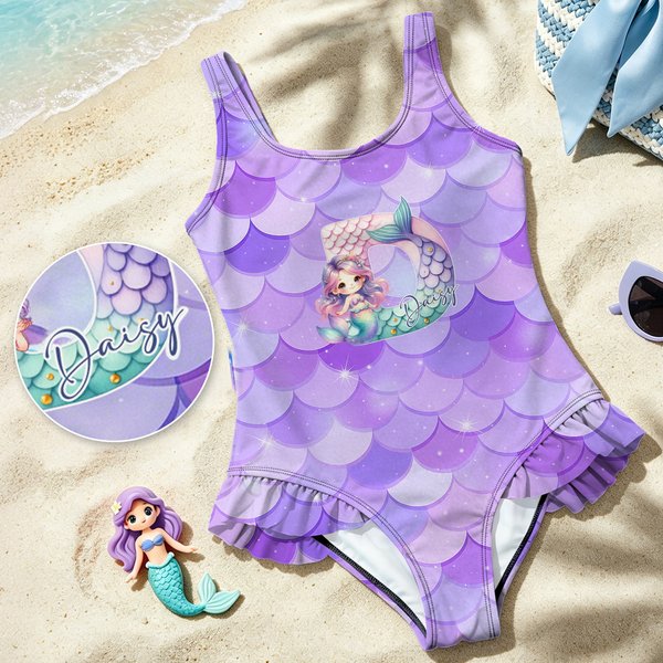 Personalized Cartoon Mermaid Scales One-Piece Swimsuit with Initial and Name Swim Sandbeach Essentials Summer Vocation Birthday Gift for Girls