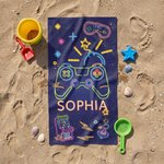 Personalized Bold Neon Gaming Graphic Quick Dry Oversized Beach Towel with Name Summer Vacation Beach Party Birthday Gift Gamers Kids