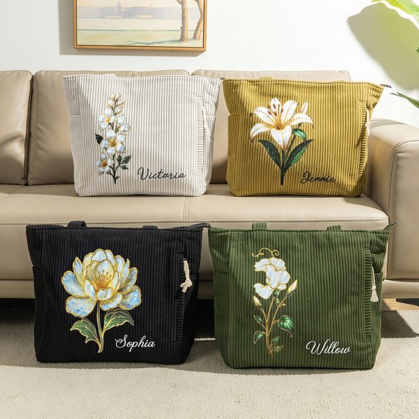 Personalized Birth Flower Large Capacity Corduroy Tote Bag with Name Daily Use Commuting Travel Birthday Gift for Women Office Workers