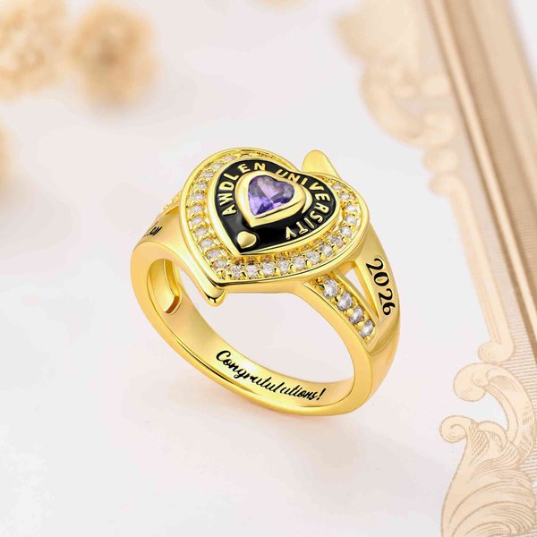 Personalised Zircon Heart Birthstone Sterling Silver Ring with Engraved Name Year and Text Birthday Anniversary Graduation Gift for Graduates