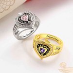 Personalized Zircon Heart Birthstone Sterling Silver Ring with Engraved Name Year and Text Birthday Anniversary Graduation Gift for Graduates
