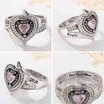 Personalized Zircon Heart Birthstone Sterling Silver Ring with Engraved Name Year and Text Birthday Anniversary Graduation Gift for Graduates