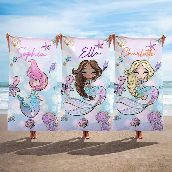 Gepersonaliseerd Extra Groot en Sneldrogend Strandlaken met Cartoon Zeemeermin en Naam Perfect Cadeau voor Meisjes voor Zomervakantie of Verjaardag