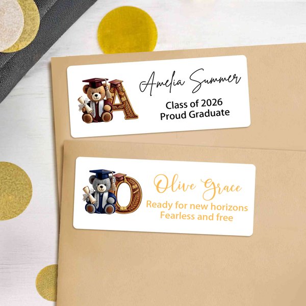 Personalized Grad Cap Bear Initial Waterproof Return Address Labels Stickers with Name and Text DIY Decor Graduation Party Favor for Graduates