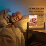 Personalised The New York Times Style Photo LED Night Light with Wooden Base Name Text Home Bedroom Decor Father's Day Gift for Dad