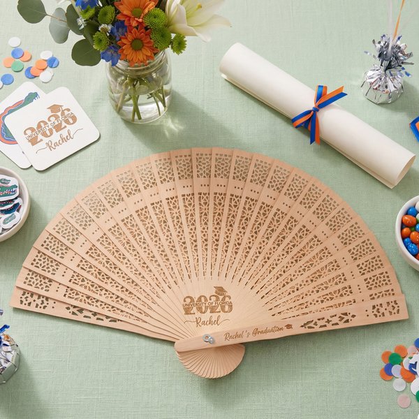 Personalised Vintage Hollowed Sandalwood Folding Fan with Name and Year Graduation Party Gift for Graduates