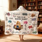 Personalised Birth Flower Cartoon Reading Girl Soft Throw Arctic Velvet Hooded Blanket with Name Birthday Gift for Librarians Book Lovers
