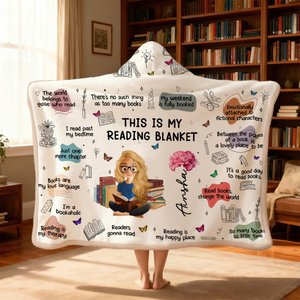 Personalised Birth Flower Cartoon Reading Girl Soft Throw Arctic Velvet Hooded Blanket with Name Birthday Gift for Librarians Book Lovers