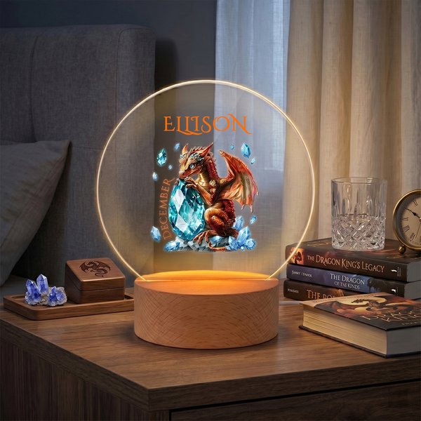 Personalisierte Dragon Birthstone Acryl LED-Nachtlicht mit hölzernen Basis und Name Kinderzimmer Dekoration Baby Dusche Geburtstag Geschenk für Kinder