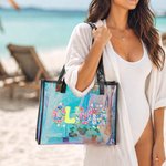 Personalizzata Lettera floreale olografica trasparente Tote Bag con nome Uso quotidiano Festa della mamma Regalo di vacanza sulla spiaggia per la mamma Donna Ragazza