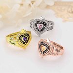 Personalized Zircon Heart Birthstone Sterling Silver Ring with Engraved Name Year and Text Birthday Anniversary Graduation Gift for Graduates