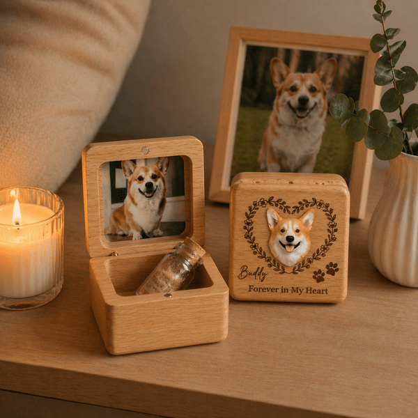 Scatola di legno personalizzata con nome inciso e bottiglia di vetro Avatar di cane e gatto in 3D Regalo commemorativo di compleanno per la perdita di animali domestici