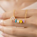 Personalised Birth Flower Colourful 3D Enamel Bubble Letter Name Necklace Birthday Anniversary Gift for Women Girls
