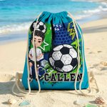 Bolsa de cordón personalizada con el nombre del personaje de fútbol de dibujos animados Esenciales de viaje Fiesta en la playa Regalo de cumpleaños para los amantes del fútbol