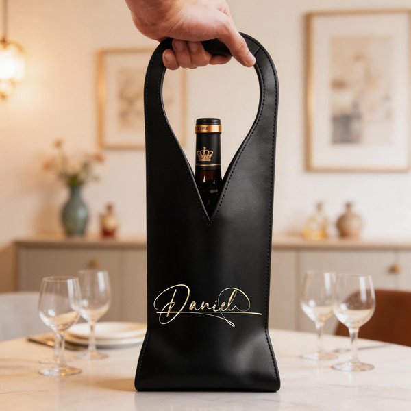 Borsa per il vino in pelle PU con manico, personalizzata con nome in finto metallo, accessori protettivi per il vino, regalo per gli amanti del vino.