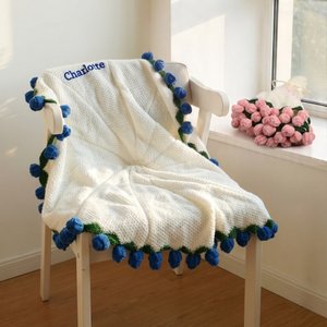 Personalised Crocheted Rose Bouquet Blanket with Embroidered Name Home Decor Birthday Anniversary Gift for Wife Girlfriend Her