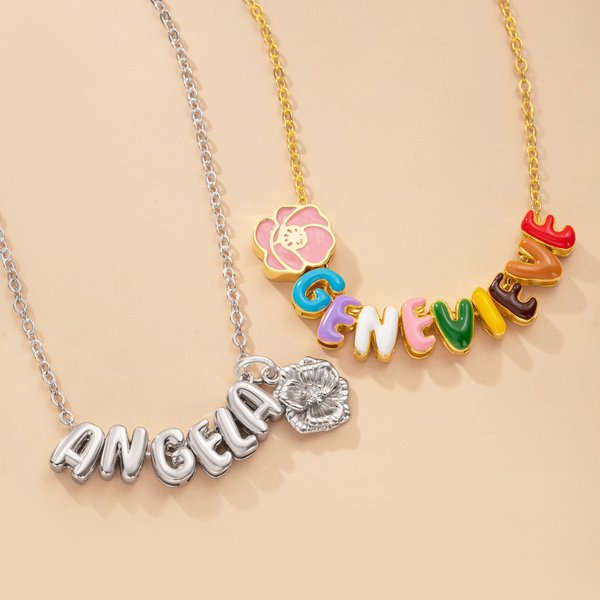 Personalised Birth Flower Colourful 3D Enamel Bubble Letter Name Necklace Birthday Anniversary Gift for Women Girls