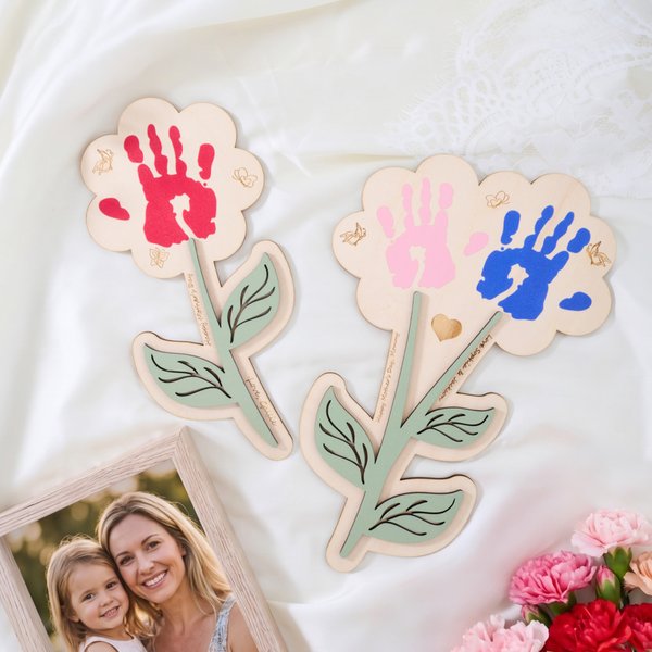 Gepersonaliseerd 1-2 Bloemen Handafdrukken Houten Bord met Naam en Tekst Verjaardag Moederdag Cadeau voor Mama Vrouwen
