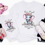 Elefante Personalizado Mamá Bebé Camiseta 100% Algodón Body Bebé con Nombre y Año a Juego 1er Regalo Día de la Madre para Mamá Recién Nacida