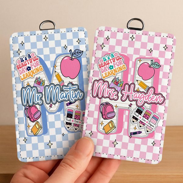 Personalized Cute Apple Pencil Initial PU Leather ID Badge Holder with Text Back to School Teacher's Day Appreciation Gift for Teacher