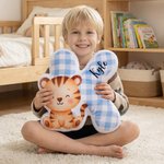 Personalised Cute Cartoon Animal Plaid Initial Shaped Cushion Home Decor Birthday Gift for Boys Girls